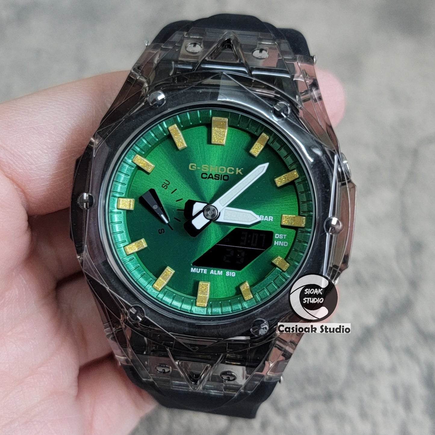 Casioak Mod Watch Black Transparent Case Black Strap Green Gold Time Mark Green Dial 44mm- Casioak Mod Casio G-Shock Royal Oak Custom Mens Luxury Watches Ga2100