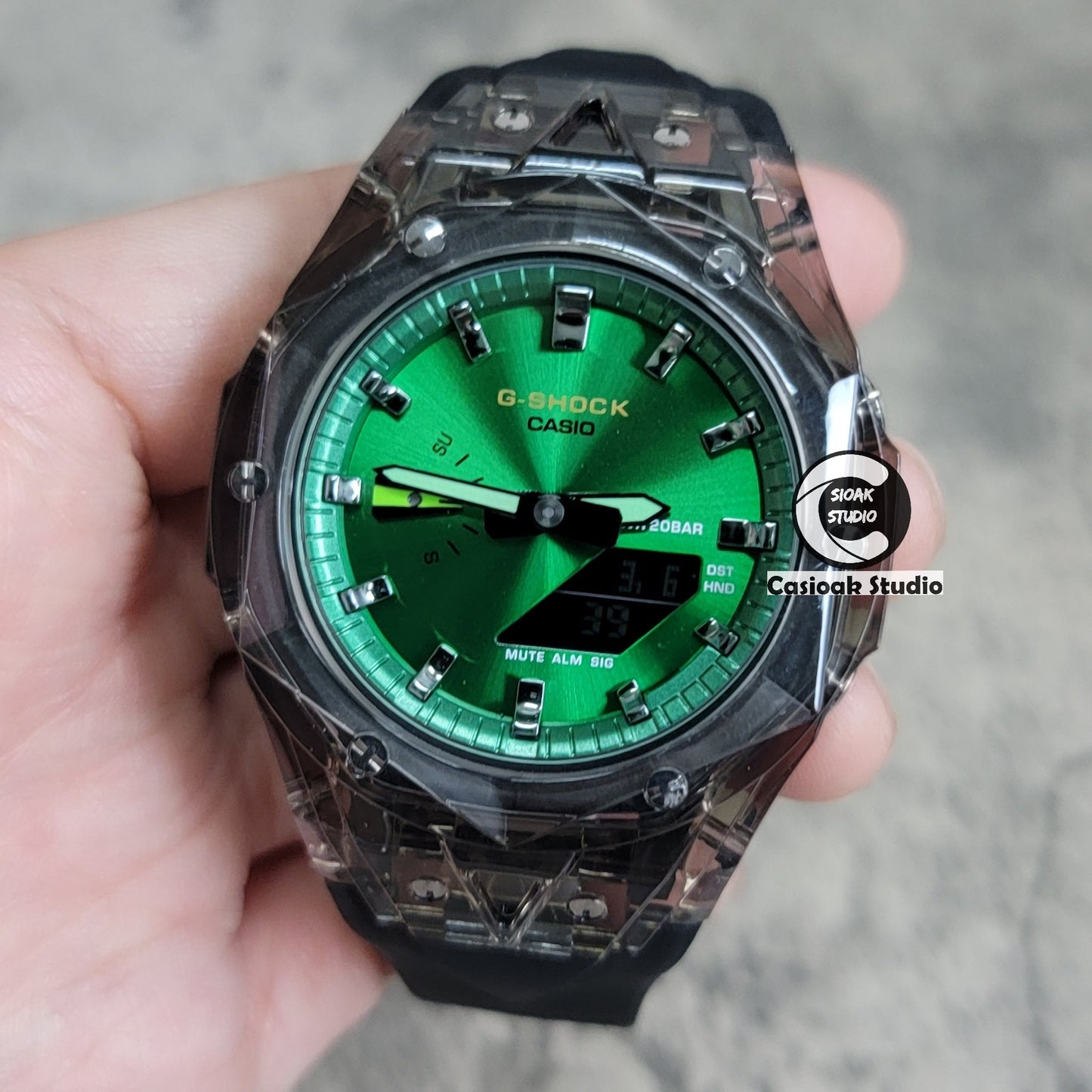 Casioak Mod Watch Black Transparent Case Black Strap Green Gunmetal Time Mark Green Dial 44mm- Casioak Mod Casio G-Shock Royal Oak Custom Mens Luxury Watches Ga2100