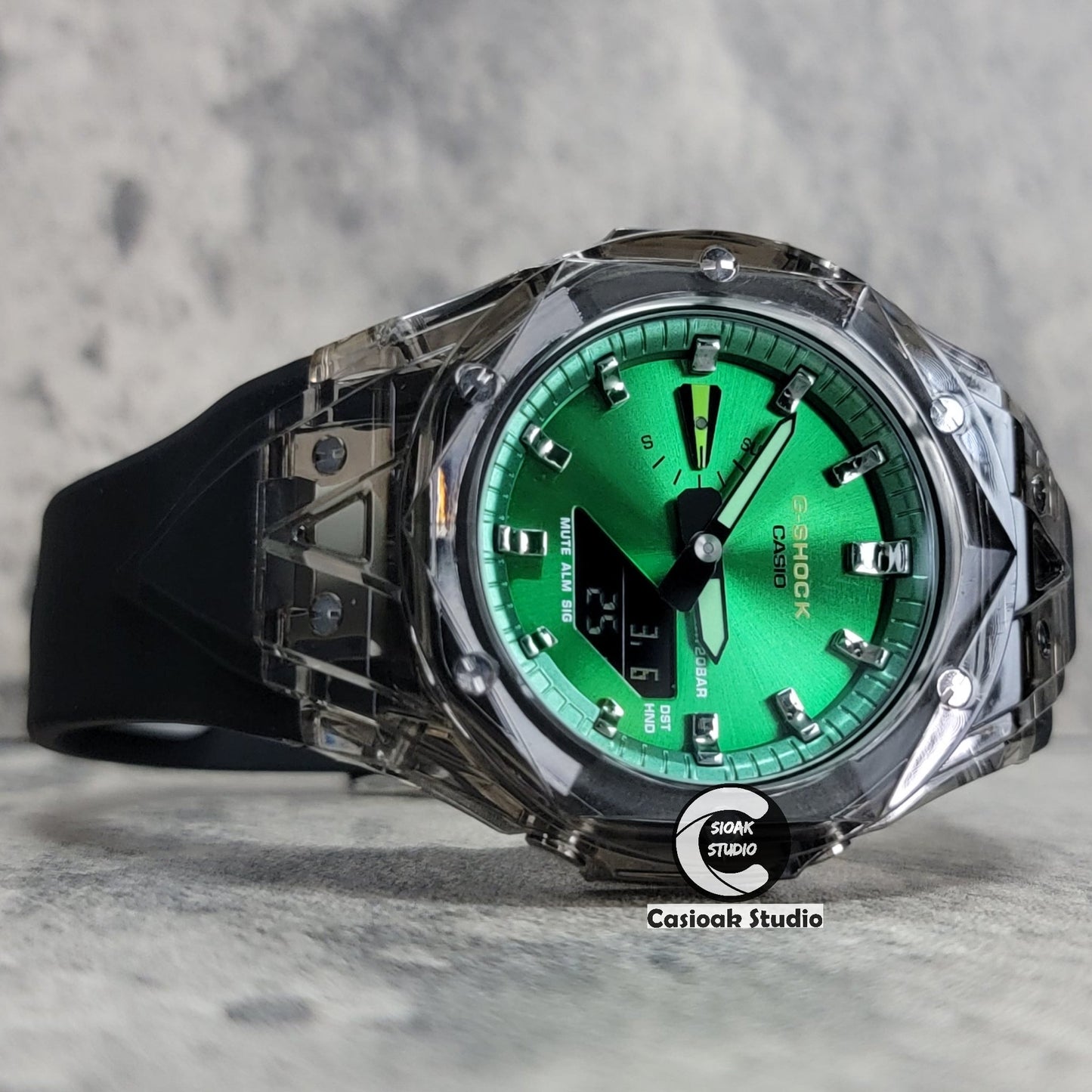 Casioak Mod Watch Black Transparent Case Black Strap Green Gunmetal Time Mark Green Dial 44mm- Casioak Mod Casio G-Shock Royal Oak Custom Mens Luxury Watches Ga2100