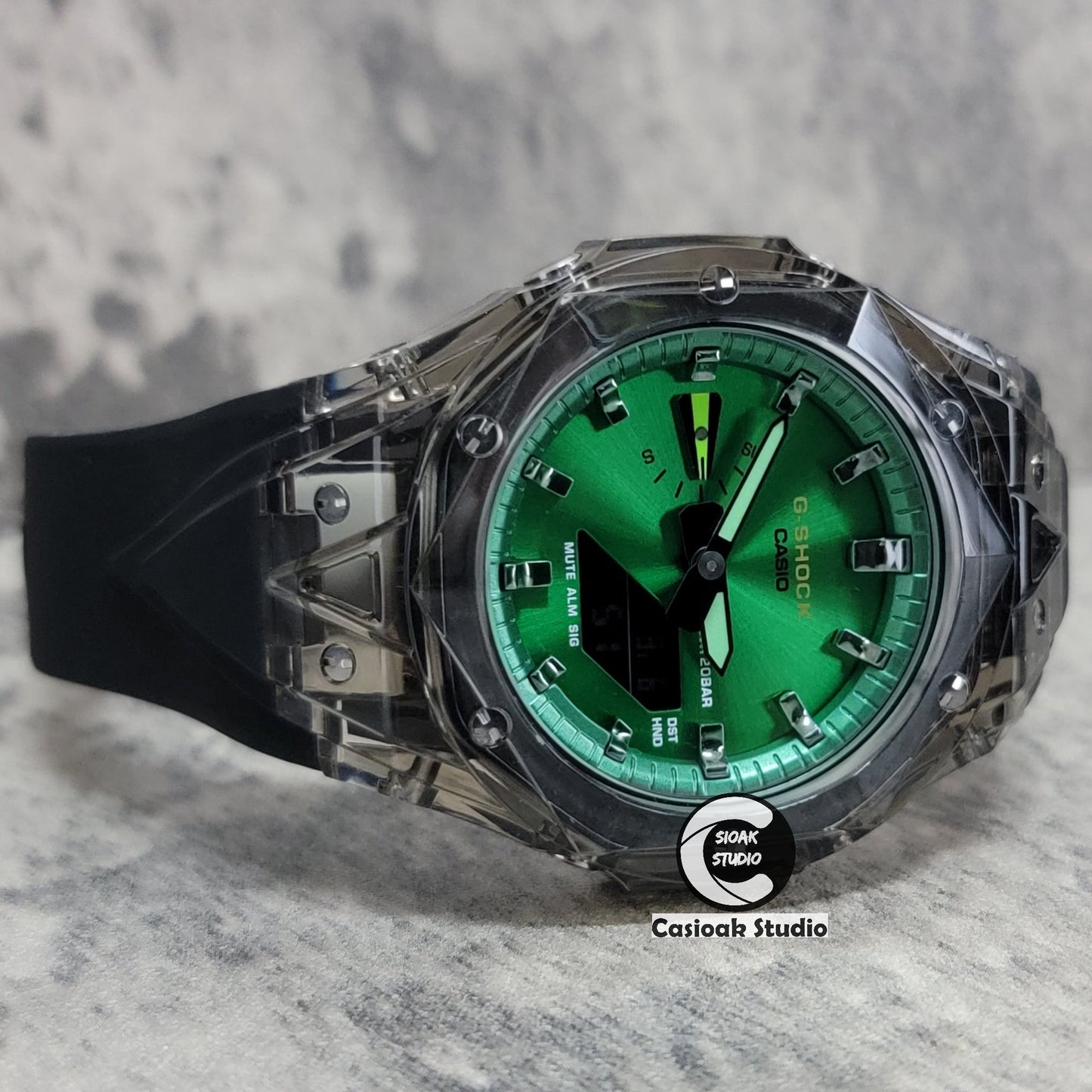 Casioak Mod Watch Black Transparent Case Black Strap Green Gunmetal Time Mark Green Dial 44mm- Casioak Mod Casio G-Shock Royal Oak Custom Mens Luxury Watches Ga2100