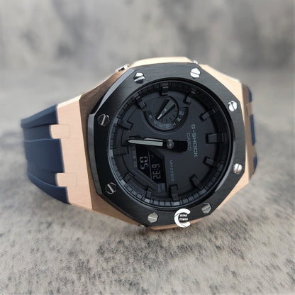 Casioak Mod Watch Blavk Rose Gold Case Blue Rubber Strap Black Time Mark Black Dial 44mm- Casioak Mod Casio G-Shock Royal Oak Custom Mens Luxury Watches Ga2100