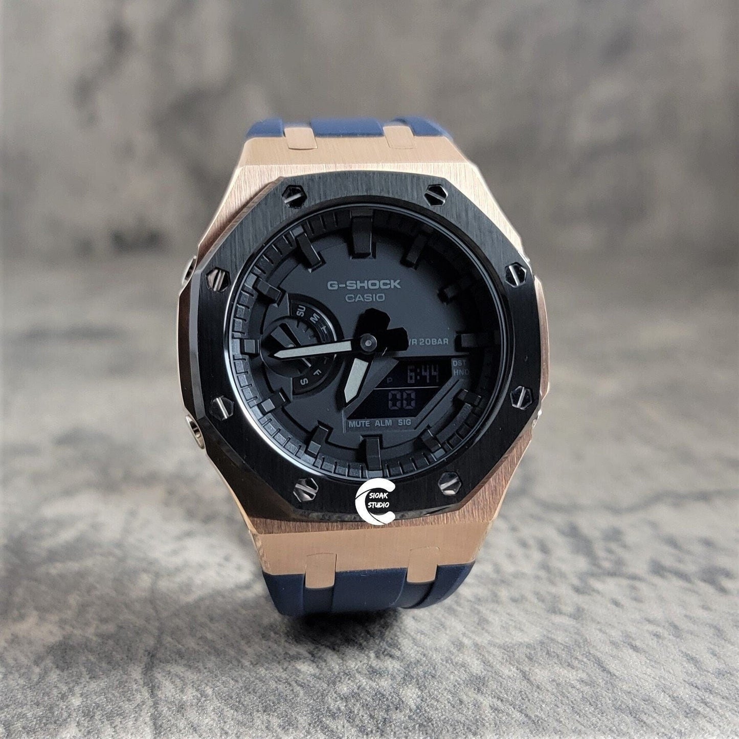 Casioak Mod Watch Blavk Rose Gold Case Blue Rubber Strap Black Time Mark Black Dial 44mm- Casioak Mod Casio G-Shock Royal Oak Custom Mens Luxury Watches Ga2100