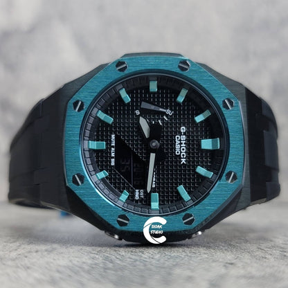 Casioak Mod Watch Blue Black Case Black Rubber Strap Black Turquoise Time Mark Black Dial 44mm- Casioak Mod Casio G-Shock Royal Oak Custom Mens Luxury Watches Ga2100