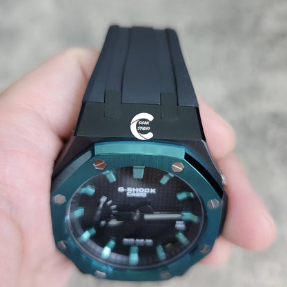 Casioak Mod Watch Blue Black Case Black Rubber Strap Black Turquoise Time Mark Black Dial 44mm- Casioak Mod Casio G-Shock Royal Oak Custom Mens Luxury Watches Ga2100