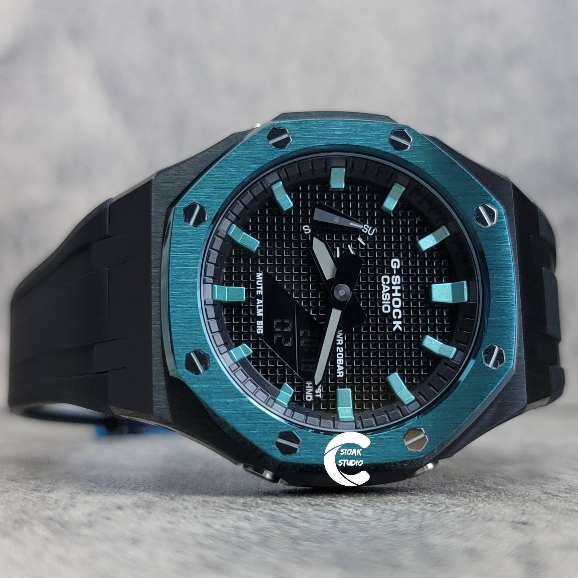 Casioak Mod Watch Blue Black Case Black Rubber Strap Black Turquoise Time Mark Black Dial 44mm- Casioak Mod Casio G-Shock Royal Oak Custom Mens Luxury Watches Ga2100