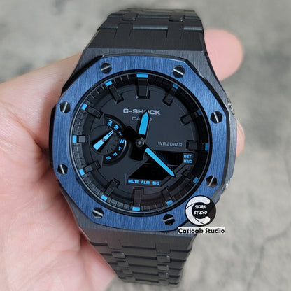 Casioak Mod Watch Blue Black Case Metal Strap Black Time Mark Black Dial 44mm- Casioak Mod Casio G-Shock Royal Oak Custom Mens Luxury Watches Ga2100