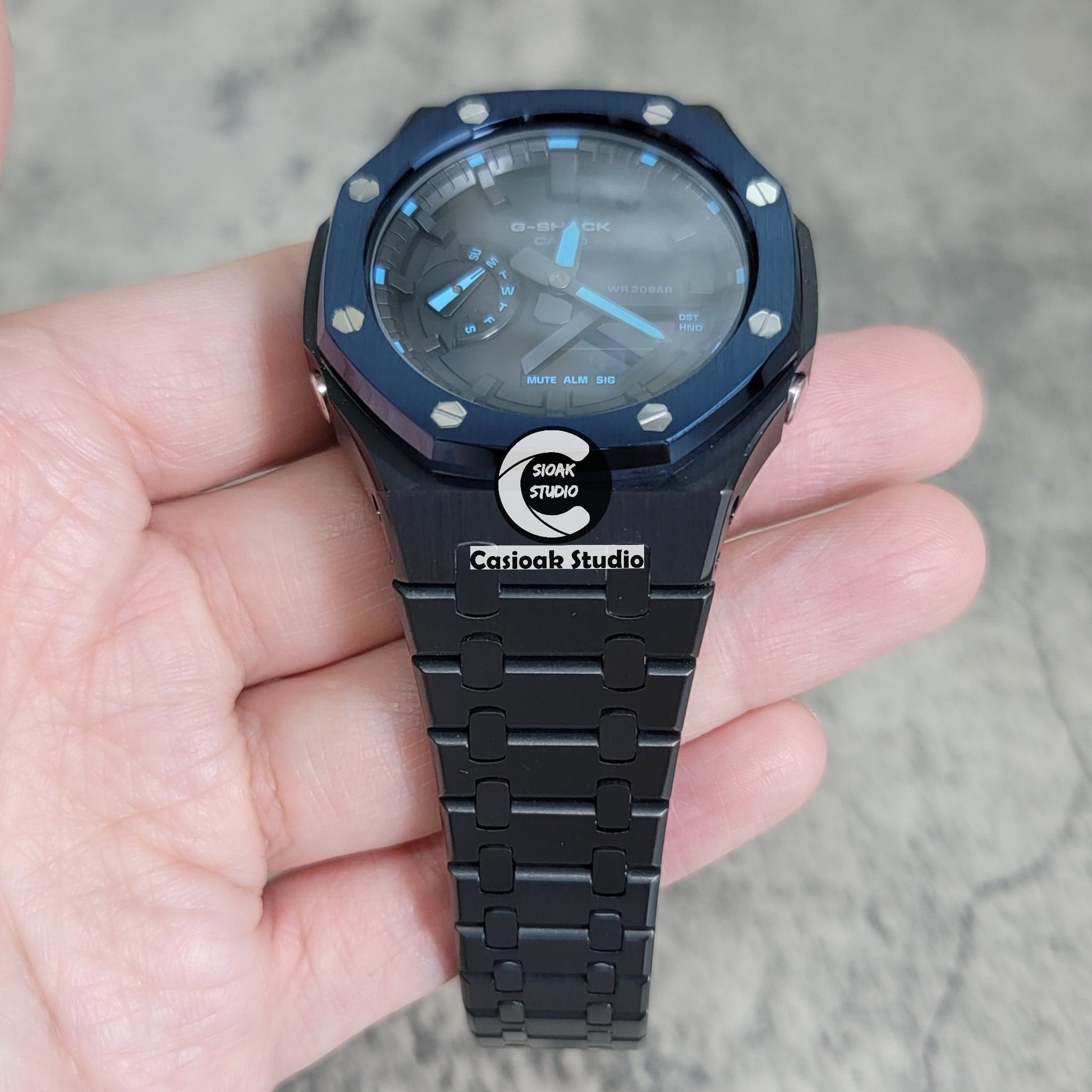 Casioak Mod Watch Blue Black Case Metal Strap Black Time Mark Black Dial 44mm- Casioak Mod Casio G-Shock Royal Oak Custom Mens Luxury Watches Ga2100