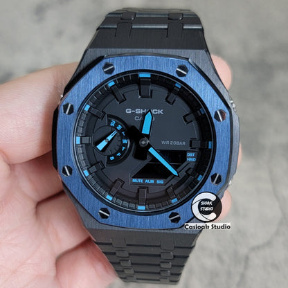 Casioak Mod Watch Blue Black Case Metal Strap Black Time Mark Black Dial 44mm- Casioak Mod Casio G-Shock Royal Oak Custom Mens Luxury Watches Ga2100