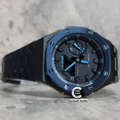 Casioak Mod Watch Blue Black Case Metal Strap Black Time Mark Black Dial 44mm- Casioak Mod Casio G-Shock Royal Oak Custom Mens Luxury Watches Ga2100