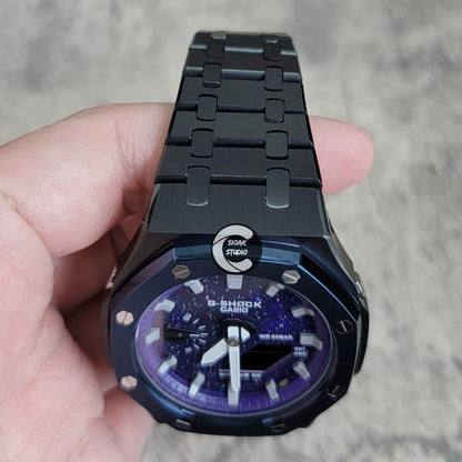 Casioak Mod Watch Blue Black Case Metal Strap Purple Silver Time Mark Purple Dial 44mm- Casioak Mod Casio G-Shock Royal Oak Custom Mens Luxury Watches Ga2100