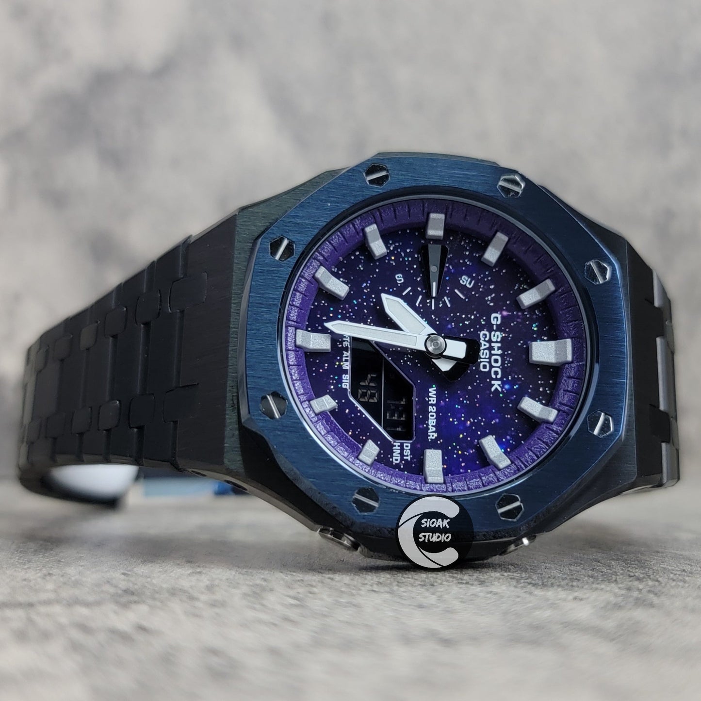 Casioak Mod Watch Blue Black Case Metal Strap Purple Silver Time Mark Purple Dial 44mm- Casioak Mod Casio G-Shock Royal Oak Custom Mens Luxury Watches Ga2100