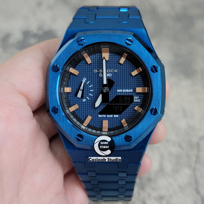 Casioak Mod Watch Blue Case Metal Strap Black Rosegold Time Mark Blue Waffle Dial 44mm- Casioak Mod Casio G-Shock Royal Oak Custom Mens Luxury Watches Ga2100