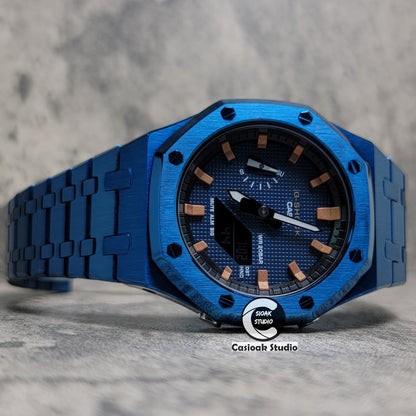 Casioak Mod Watch Blue Case Metal Strap Black Rosegold Time Mark Blue Waffle Dial 44mm- Casioak Mod Casio G-Shock Royal Oak Custom Mens Luxury Watches Ga2100