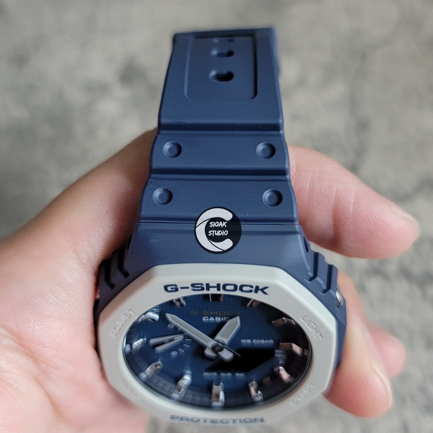 Casioak Mod Watch Blue Plastic Case Strap Silver Time Mark Blue Waffle Dial 44mm- Casioak Mod Casio G-Shock Royal Oak Custom Mens Luxury Watches Ga2100