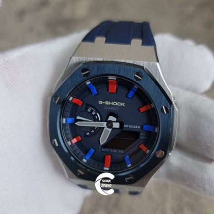 Casioak Mod Watch Blue Silver Case Black Rubber Strap Blue Red Time Mark Blue Dial 44mm- Casioak Mod Casio G-Shock Royal Oak Custom Mens Luxury Watches Ga2100