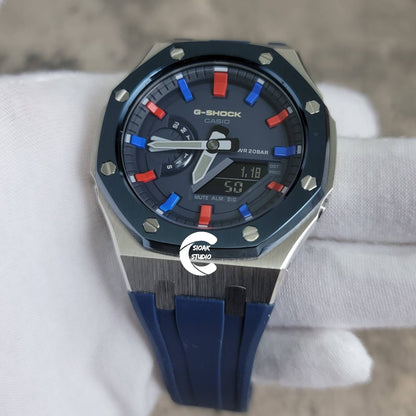 Casioak Mod Watch Blue Silver Case Black Rubber Strap Blue Red Time Mark Blue Dial 44mm- Casioak Mod Casio G-Shock Royal Oak Custom Mens Luxury Watches Ga2100