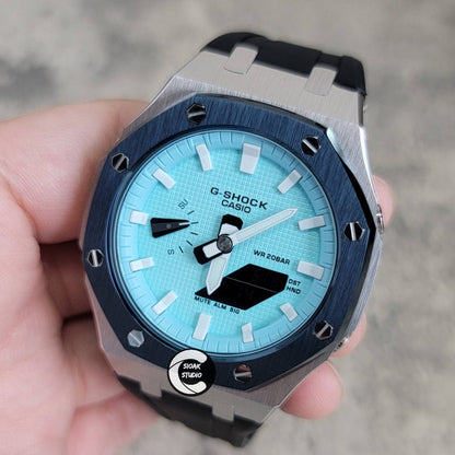 Casioak Mod Watch Blue Silver Case Black Rubber Strap Tiff Blue White Time Mark Tiff Blue Dial 44mm- Casioak Mod Casio G-Shock Royal Oak Custom Mens Luxury Watches Ga2100