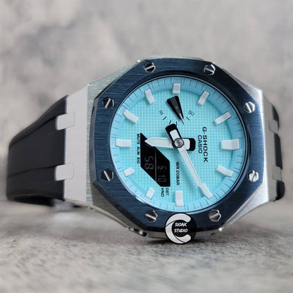 Casioak Mod Watch Blue Silver Case Black Rubber Strap Tiff Blue White Time Mark Tiff Blue Dial 44mm- Casioak Mod Casio G-Shock Royal Oak Custom Mens Luxury Watches Ga2100