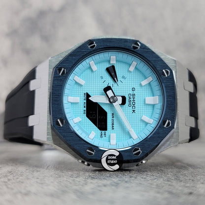 Casioak Mod Watch Blue Silver Case Black Rubber Strap Tiff White Time Mark Tiff Blue Dial 44mm- Casioak Mod Casio G-Shock Royal Oak Custom Mens Luxury Watches Ga2100