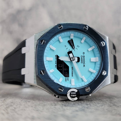 Casioak Mod Watch Blue Silver Case Black Rubber Strap Tiff White Time Mark Tiff Blue Dial 44mm- Casioak Mod Casio G-Shock Royal Oak Custom Mens Luxury Watches Ga2100