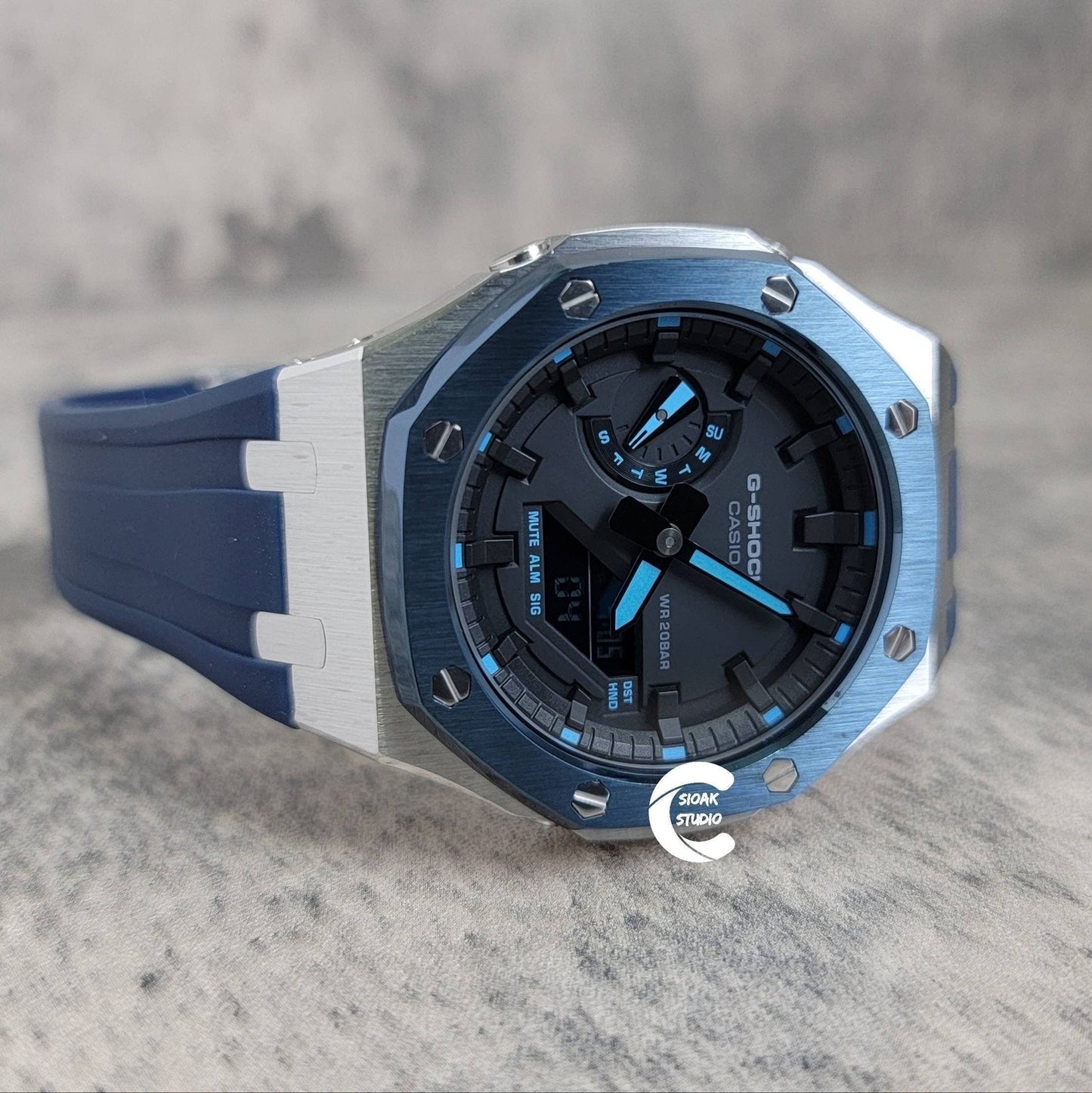 Casioak Mod Watch Blue Silver Case Blue Rubber Strap Black Time Mark Black Dial 44mm- Casioak Mod Casio G-Shock Royal Oak Custom Mens Luxury Watches Ga2100