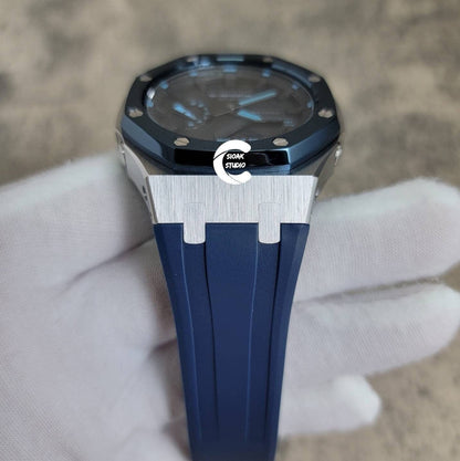 Casioak Mod Watch Blue Silver Case Blue Rubber Strap Black Time Mark Black Dial 44mm- Casioak Mod Casio G-Shock Royal Oak Custom Mens Luxury Watches Ga2100