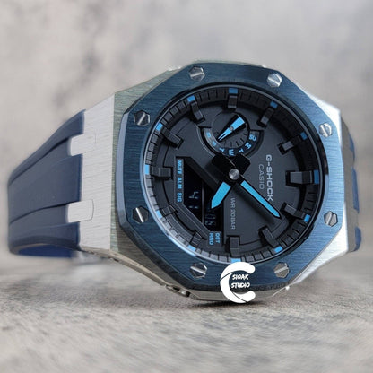 Casioak Mod Watch Blue Silver Case Blue Rubber Strap Black Time Mark Black Dial 44mm- Casioak Mod Casio G-Shock Royal Oak Custom Mens Luxury Watches Ga2100