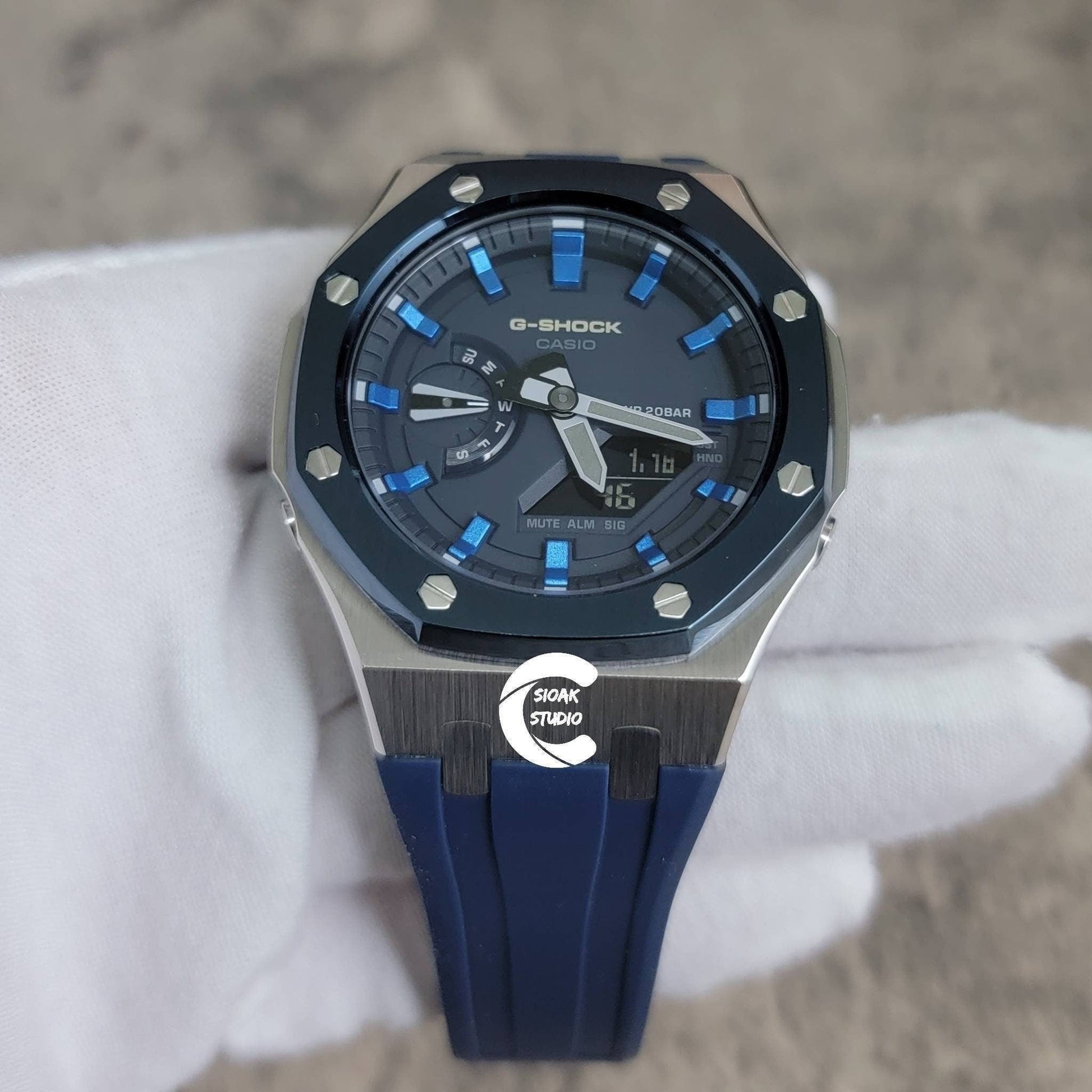 Casioak Mod Watch Blue Silver Case Blue Rubber Strap Blue Blue Time Mark Blue Dial 44mm- Casioak Mod Casio G-Shock Royal Oak Custom Mens Luxury Watches Ga2100