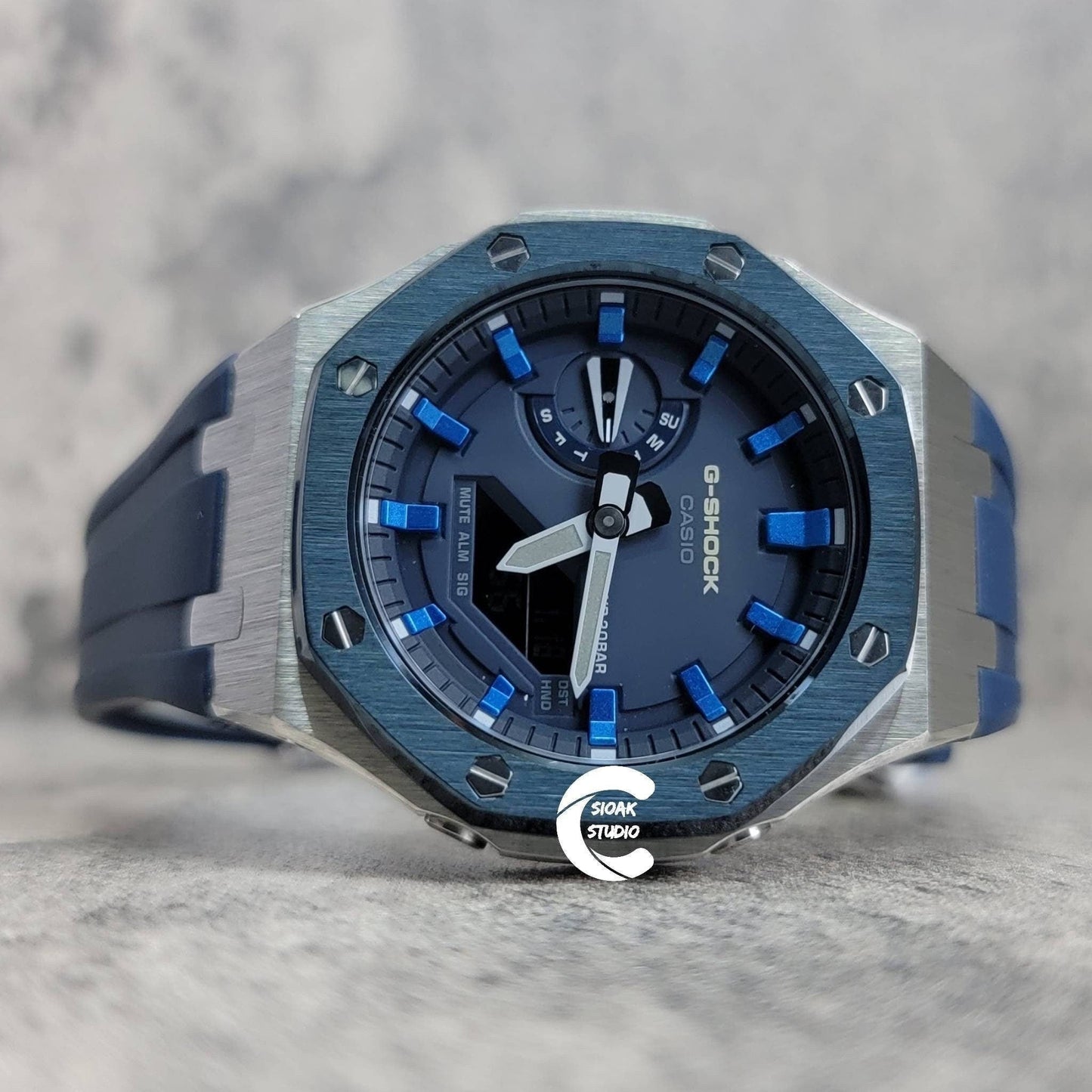 Casioak Mod Watch Blue Silver Case Blue Rubber Strap Blue Blue Time Mark Blue Dial 44mm- Casioak Mod Casio G-Shock Royal Oak Custom Mens Luxury Watches Ga2100