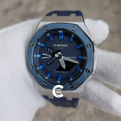 Casioak Mod Watch Blue Silver Case Blue Rubber Strap Blue Blue Time Mark Blue Dial 44mm- Casioak Mod Casio G-Shock Royal Oak Custom Mens Luxury Watches Ga2100