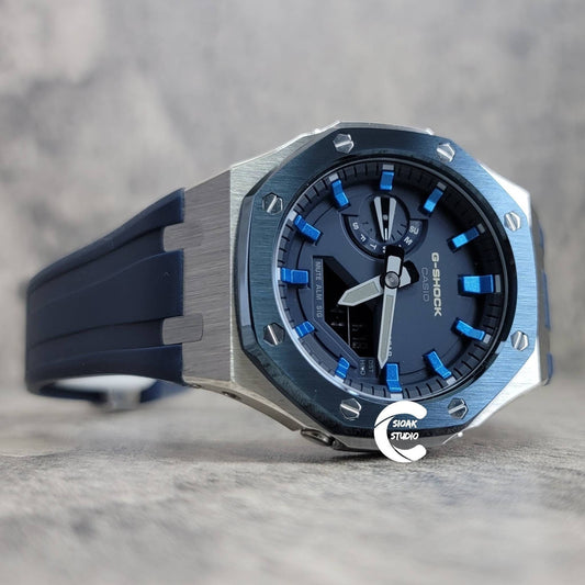 Casioak Mod Watch Blue Silver Case Blue Rubber Strap Blue Blue Time Mark Blue Dial 44mm- Casioak Mod Casio G-Shock Royal Oak Custom Mens Luxury Watches Ga2100