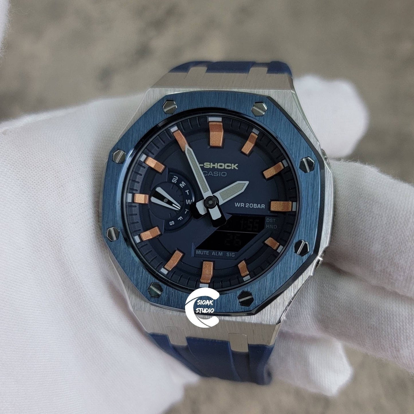 Casioak Mod Watch Blue Silver Case Blue Rubber Strap Blue Rose Gold Time Mark Blue Dial 44mm- Casioak Mod Casio G-Shock Royal Oak Custom Mens Luxury Watches Ga2100