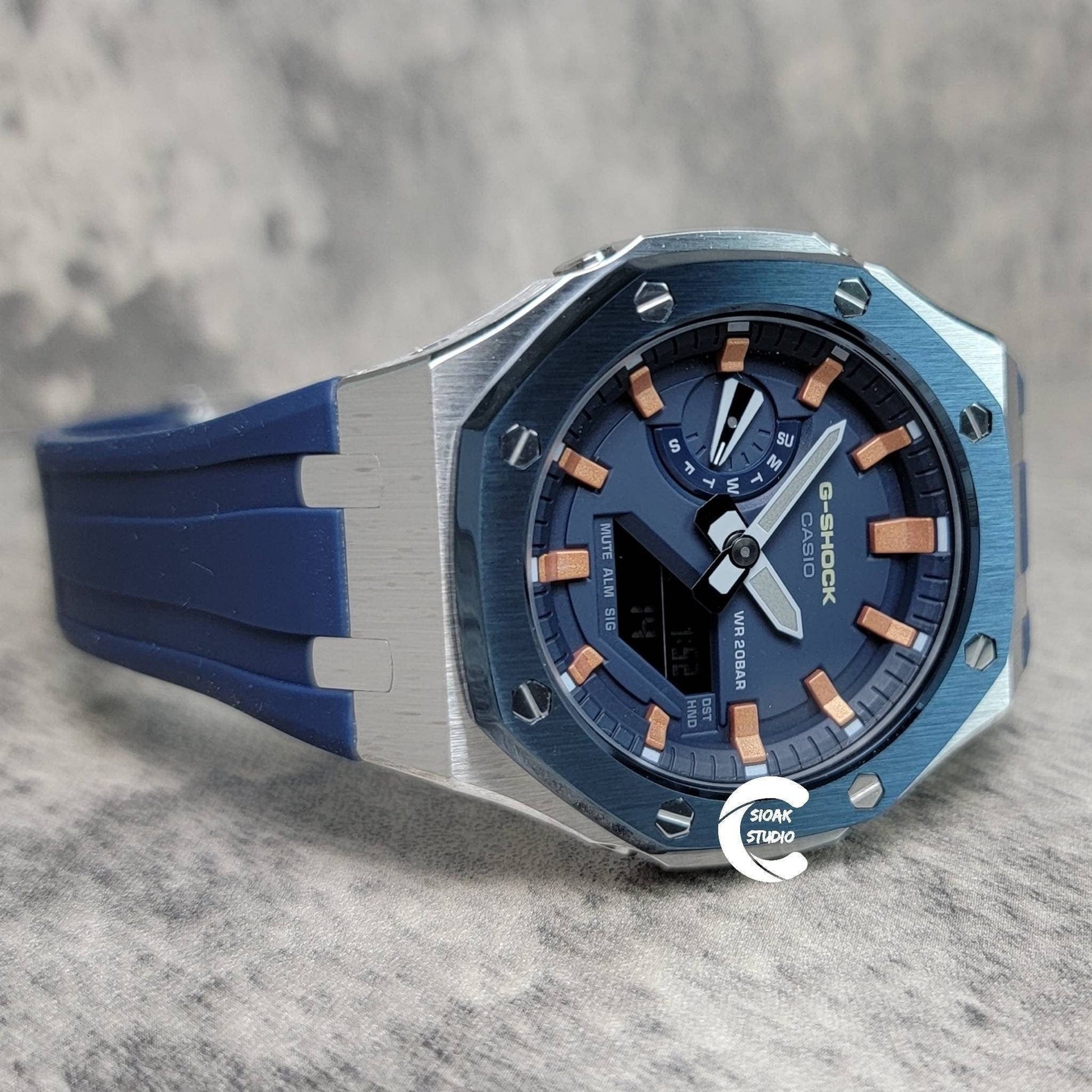 Casioak Mod Watch Blue Silver Case Blue Rubber Strap Blue Rose Gold Time Mark Blue Dial 44mm- Casioak Mod Casio G-Shock Royal Oak Custom Mens Luxury Watches Ga2100