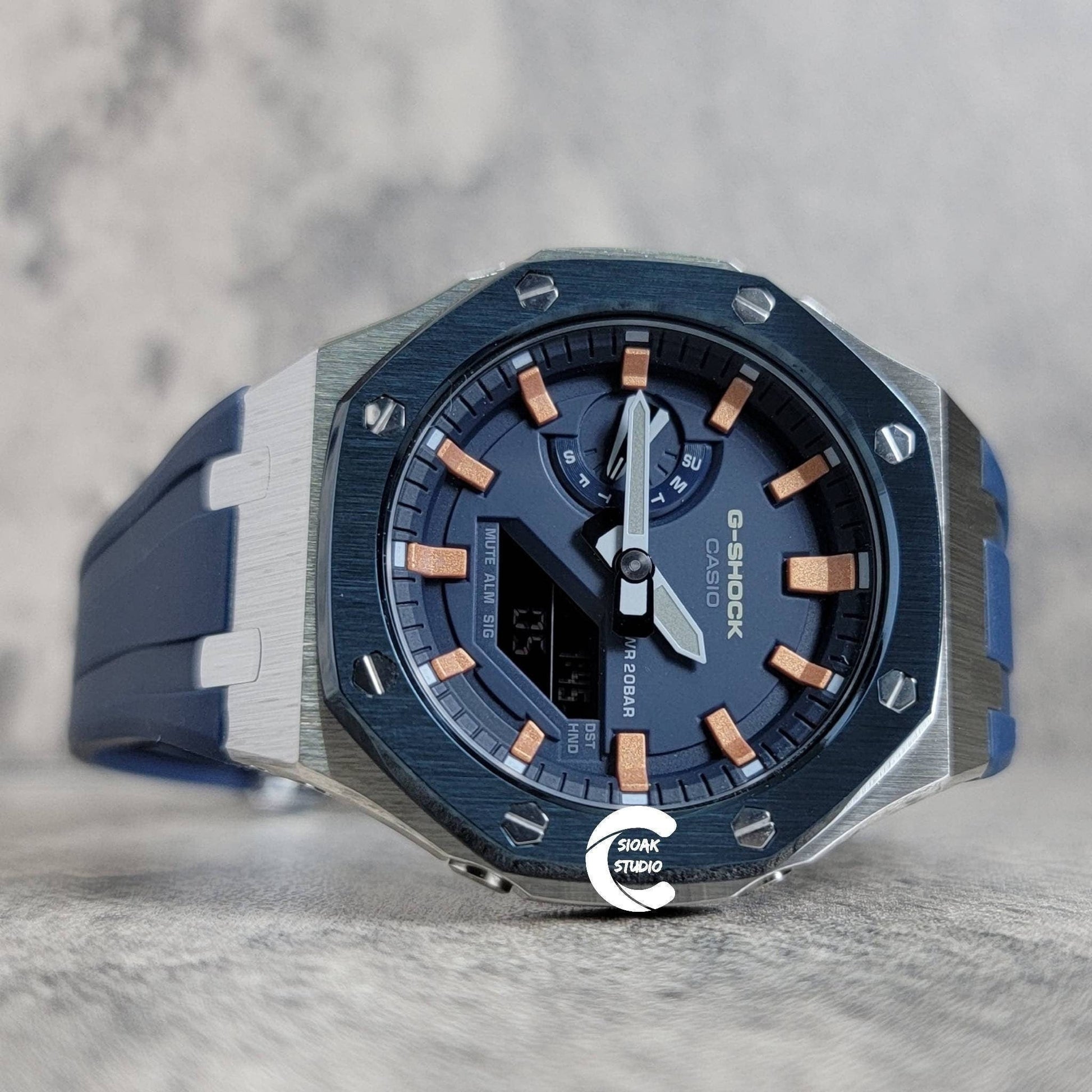 Casioak Mod Watch Blue Silver Case Blue Rubber Strap Blue Rose Gold Time Mark Blue Dial 44mm- Casioak Mod Casio G-Shock Royal Oak Custom Mens Luxury Watches Ga2100