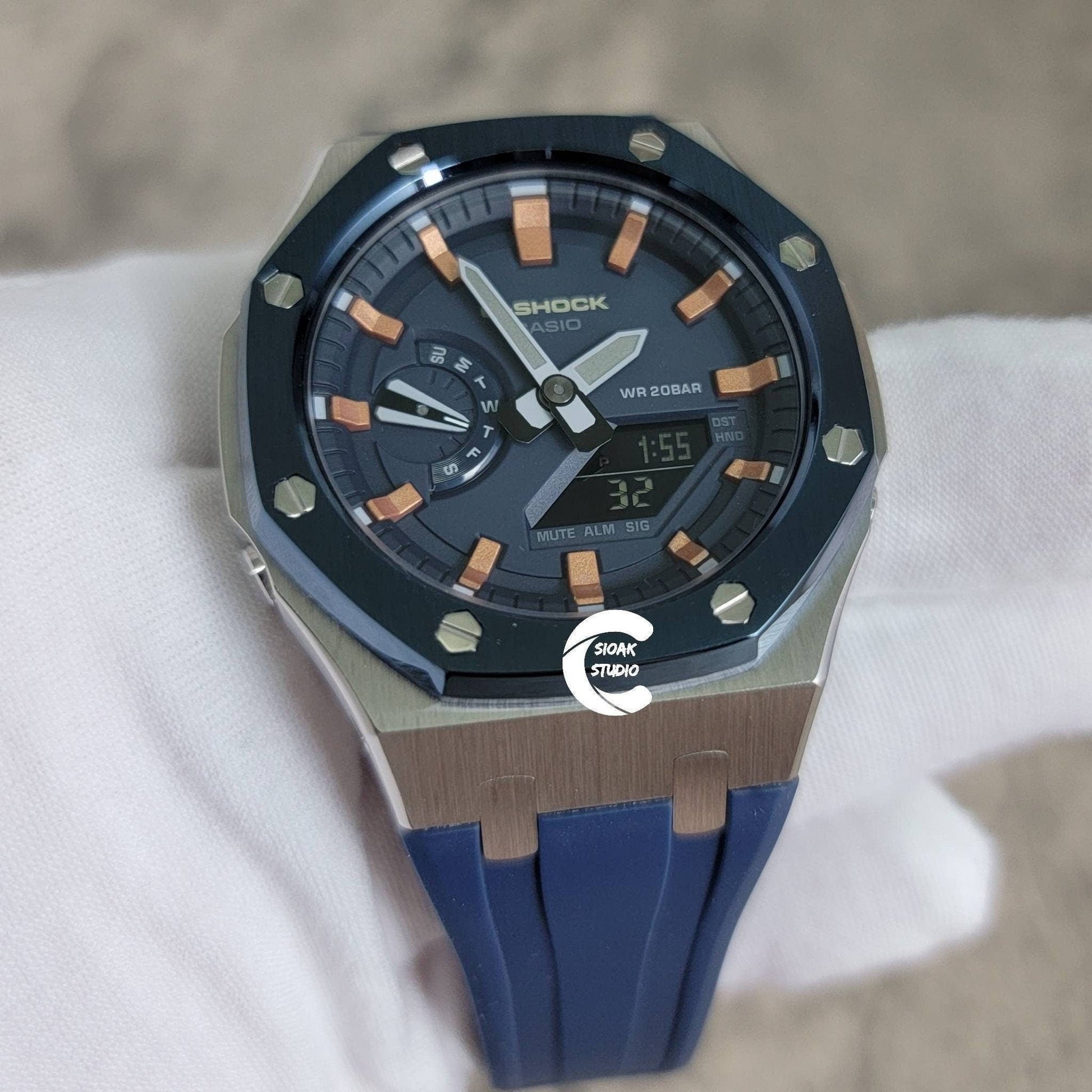 Casioak Mod Watch Blue Silver Case Blue Rubber Strap Blue Rose Gold Time Mark Blue Dial 44mm- Casioak Mod Casio G-Shock Royal Oak Custom Mens Luxury Watches Ga2100