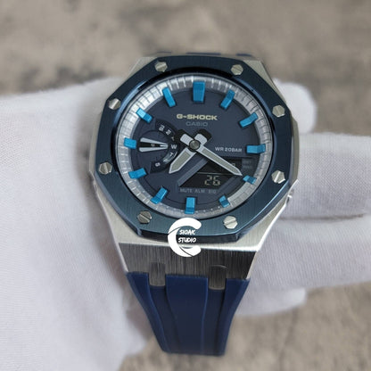 Casioak Mod Watch Blue Silver Case Blue Rubber Strap Silver Blue Time Mark Blue Dial 44mm- Casioak Mod Casio G-Shock Royal Oak Custom Mens Luxury Watches Ga2100