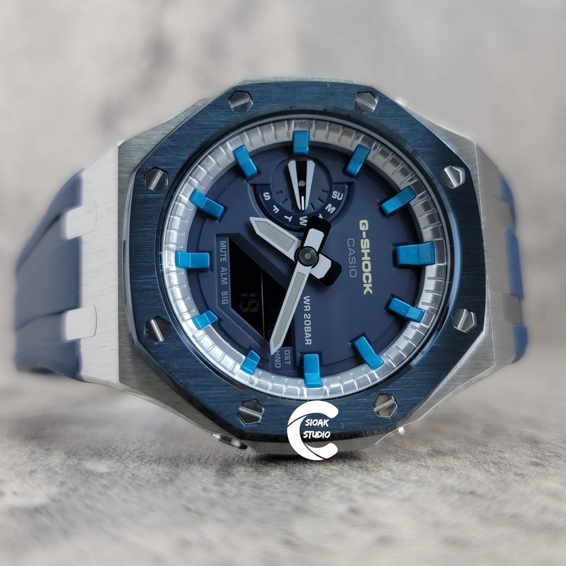 Casioak Mod Watch Blue Silver Case Blue Rubber Strap Silver Blue Time Mark Blue Dial 44mm- Casioak Mod Casio G-Shock Royal Oak Custom Mens Luxury Watches Ga2100