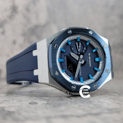 Casioak Mod Watch Blue Silver Case Blue Rubber Strap Silver Blue Time Mark Blue Dial 44mm- Casioak Mod Casio G-Shock Royal Oak Custom Mens Luxury Watches Ga2100