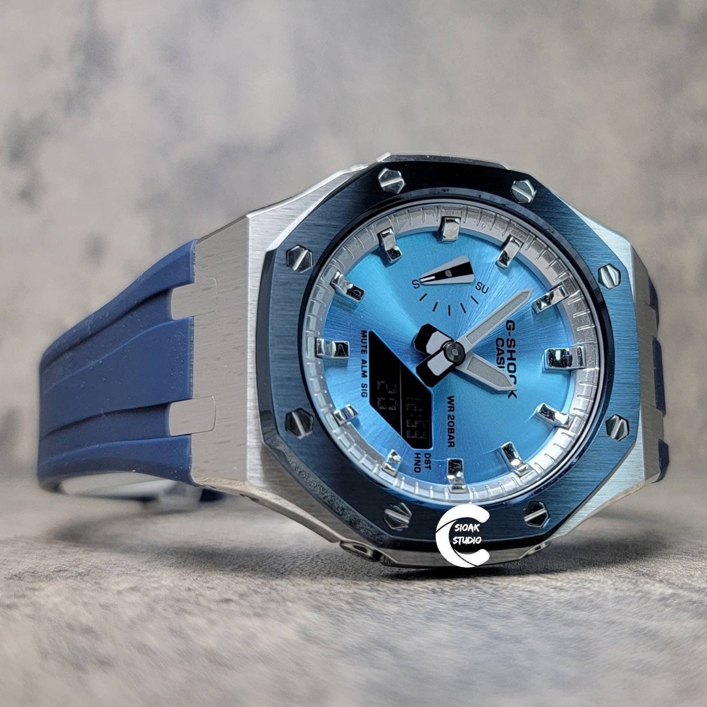 Casioak Mod Watch Blue Silver Case Blue Rubber Strap Silver Time Mark Ice Blue Dial 44mm- Casioak Mod Casio G-Shock Royal Oak Custom Mens Luxury Watches Ga2100