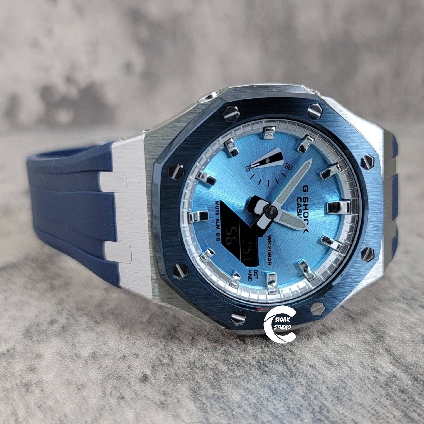 Casioak Mod Watch Blue Silver Case Blue Rubber Strap Silver Time Mark Ice Blue Dial 44mm- Casioak Mod Casio G-Shock Royal Oak Custom Mens Luxury Watches Ga2100