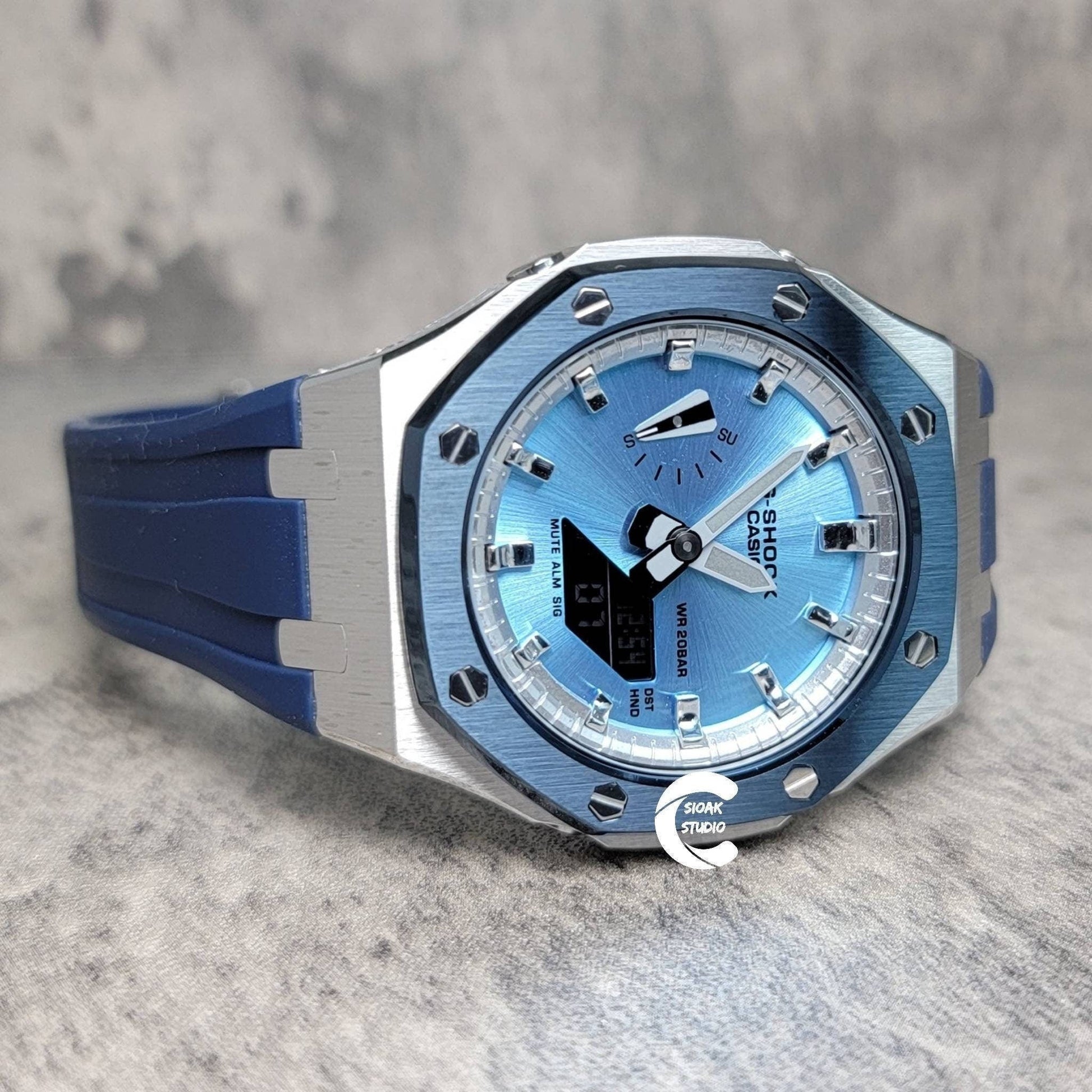 Casioak Mod Watch Blue Silver Case Blue Rubber Strap Silver Time Mark Ice Blue Dial 44mm- Casioak Mod Casio G-Shock Royal Oak Custom Mens Luxury Watches Ga2100