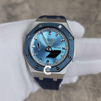 Casioak Mod Watch Blue Silver Case Blue Rubber Strap Silver Time Mark Ice Blue Dial 44mm- Casioak Mod Casio G-Shock Royal Oak Custom Mens Luxury Watches Ga2100