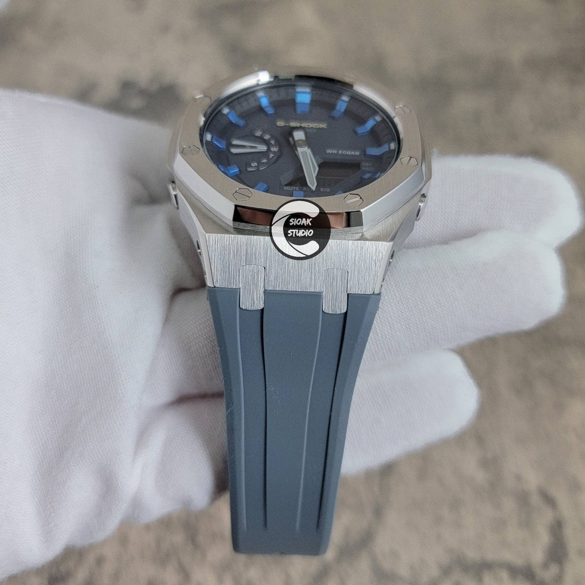 Casioak Mod Watch Blue Silver Case Gray Rubber Strap Blue Blue Time Mark Blue Dial 44mm- Casioak Mod Casio G-Shock Royal Oak Custom Mens Luxury Watches Ga2100