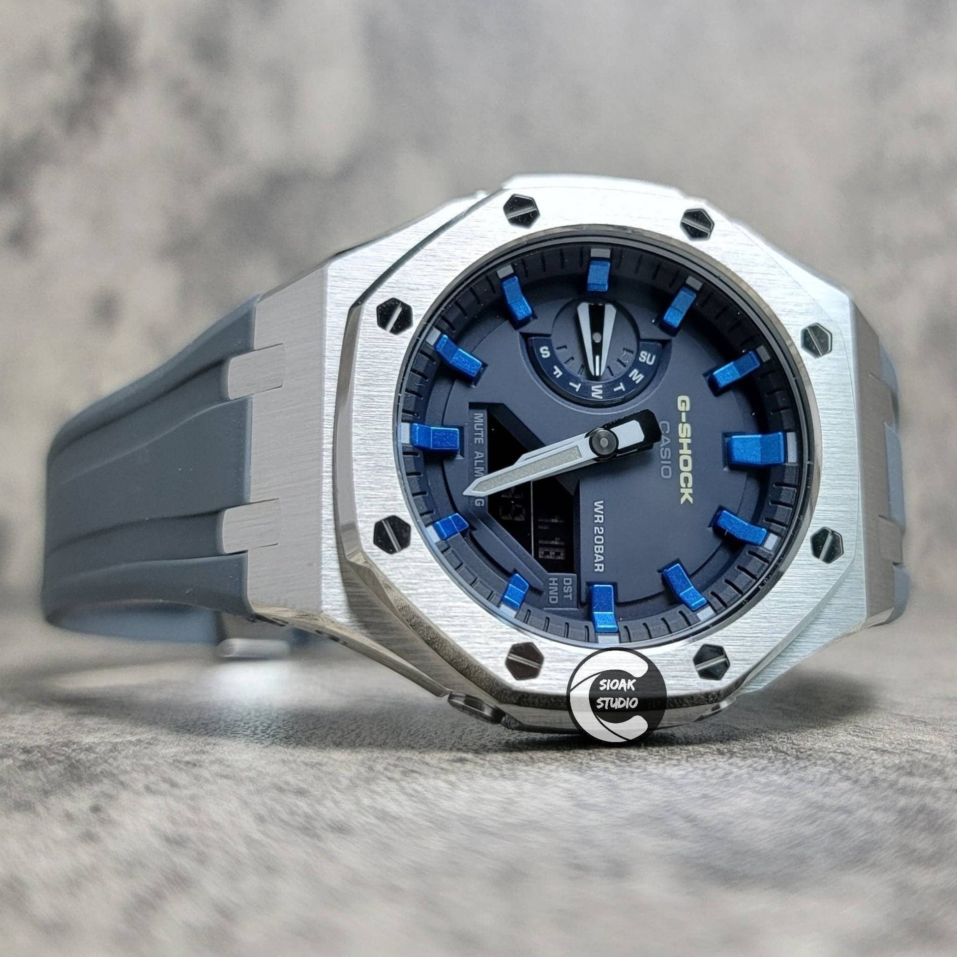 Casioak Mod Watch Blue Silver Case Gray Rubber Strap Blue Blue Time Mark Blue Dial 44mm- Casioak Mod Casio G-Shock Royal Oak Custom Mens Luxury Watches Ga2100