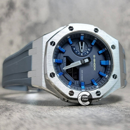 Casioak Mod Watch Blue Silver Case Gray Rubber Strap Blue Blue Time Mark Blue Dial 44mm- Casioak Mod Casio G-Shock Royal Oak Custom Mens Luxury Watches Ga2100