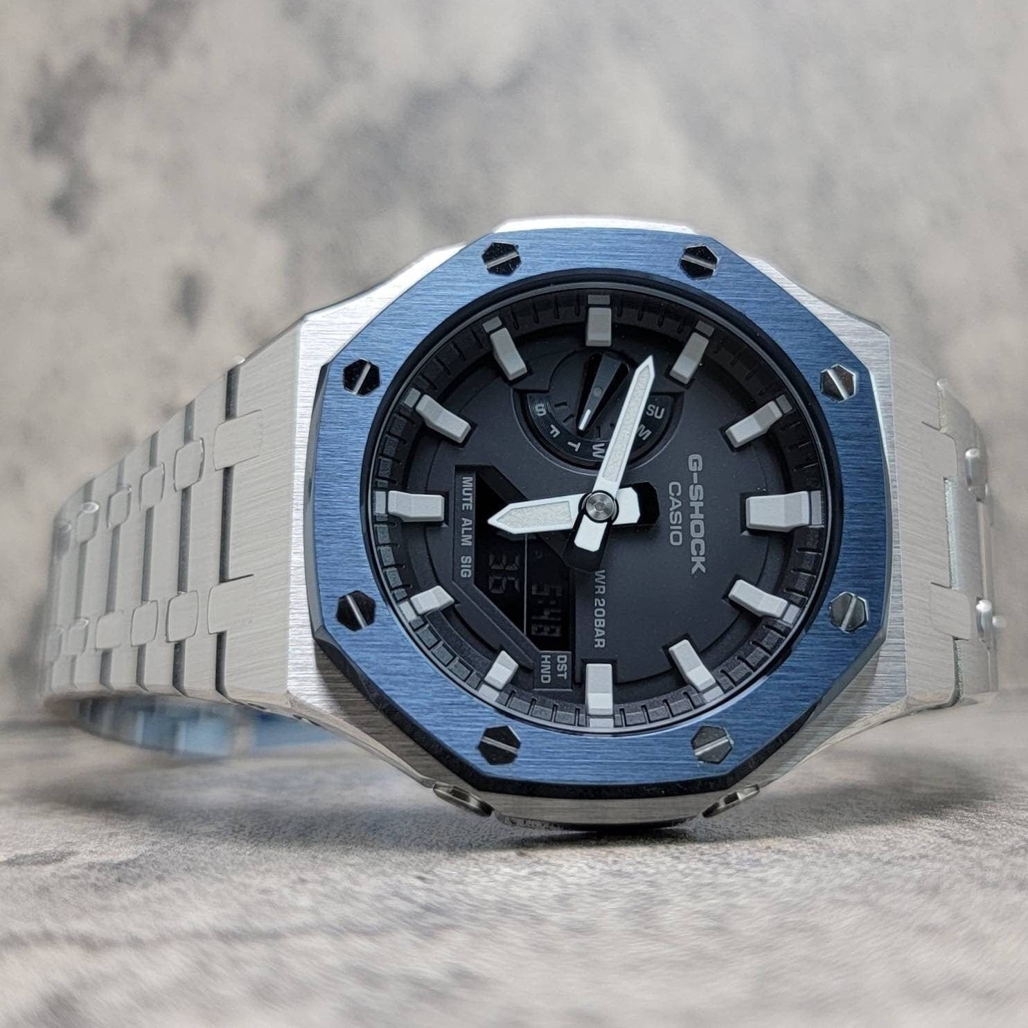 Casioak Mod Watch Blue Silver Case Metal Strap Black White Time Mark Black Dial 44mm- Casioak Mod Casio G-Shock Royal Oak Custom Mens Luxury Watches Ga2100