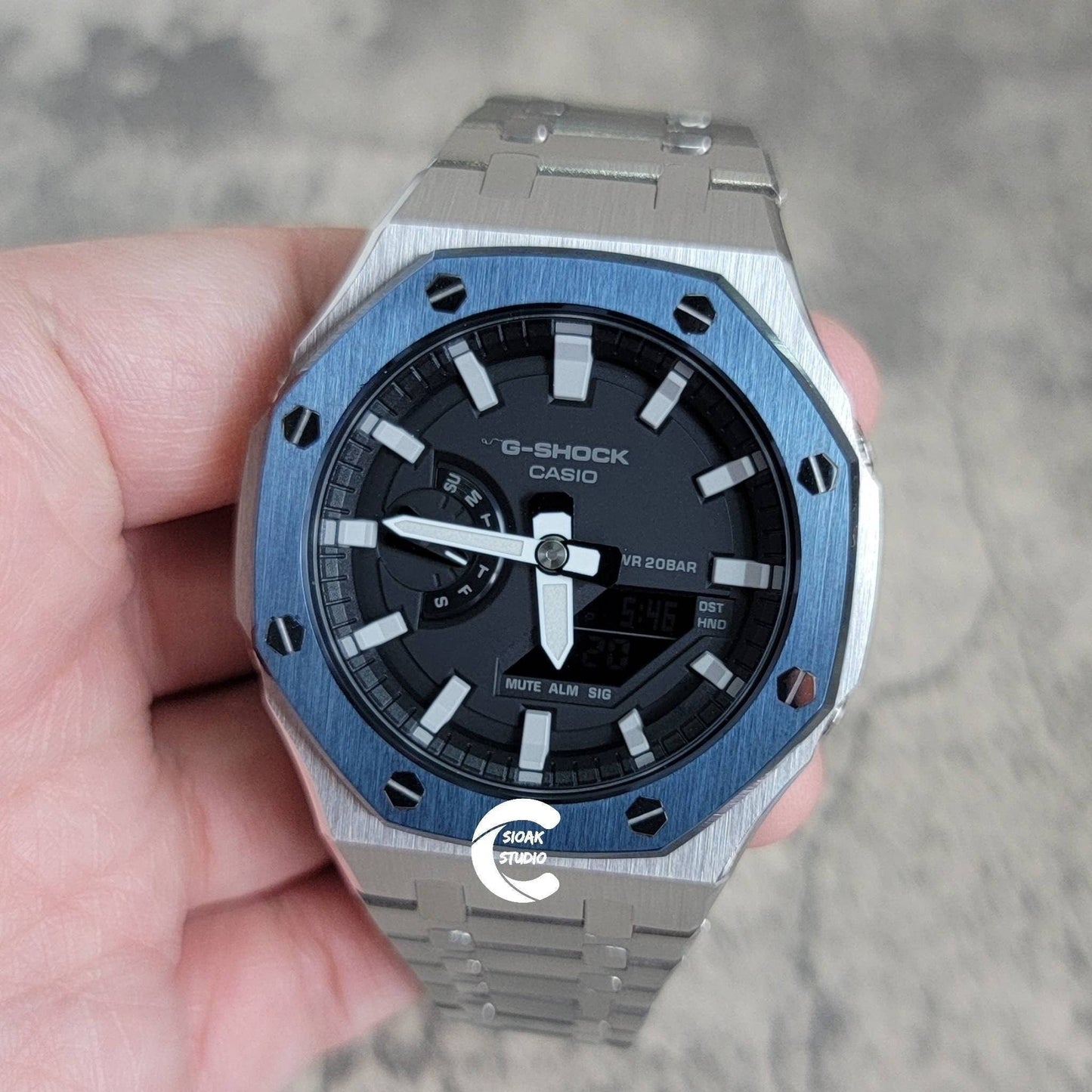 Casioak Mod Watch Blue Silver Case Metal Strap Black White Time Mark Black Dial 44mm- Casioak Mod Casio G-Shock Royal Oak Custom Mens Luxury Watches Ga2100