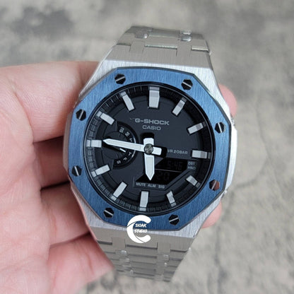 Casioak Mod Watch Blue Silver Case Metal Strap Black White Time Mark Black Dial 44mm- Casioak Mod Casio G-Shock Royal Oak Custom Mens Luxury Watches Ga2100