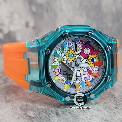 Casioak Mod Watch Blue Transparent Case Orange Strap Gray Rainbow Time Mark Takashi Murakami Dial 44mm- Casioak Mod Casio G-Shock Royal Oak Custom Mens Luxury Watches Ga2100