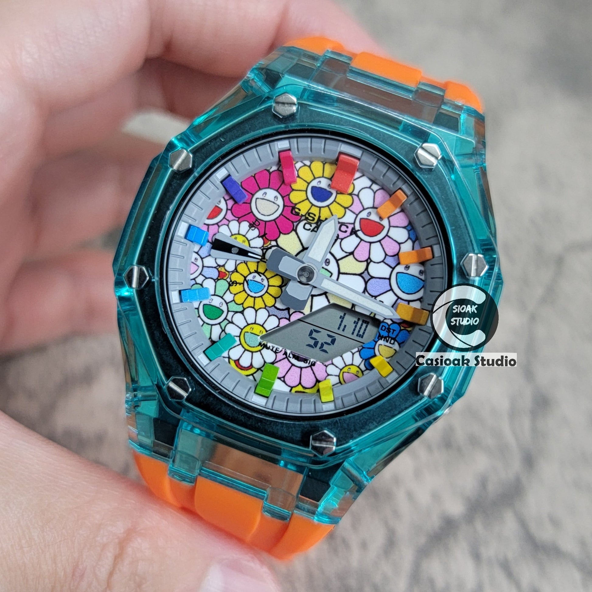 Casioak Mod Watch Blue Transparent Case Orange Strap Gray Rainbow Time Mark Takashi Murakami Dial 44mm- Casioak Mod Casio G-Shock Royal Oak Custom Mens Luxury Watches Ga2100